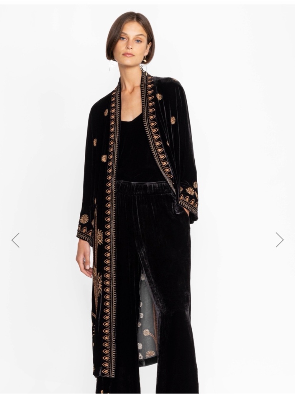 Johnny Was Black Velvet Embroidered Duster Coat with Gold Accents